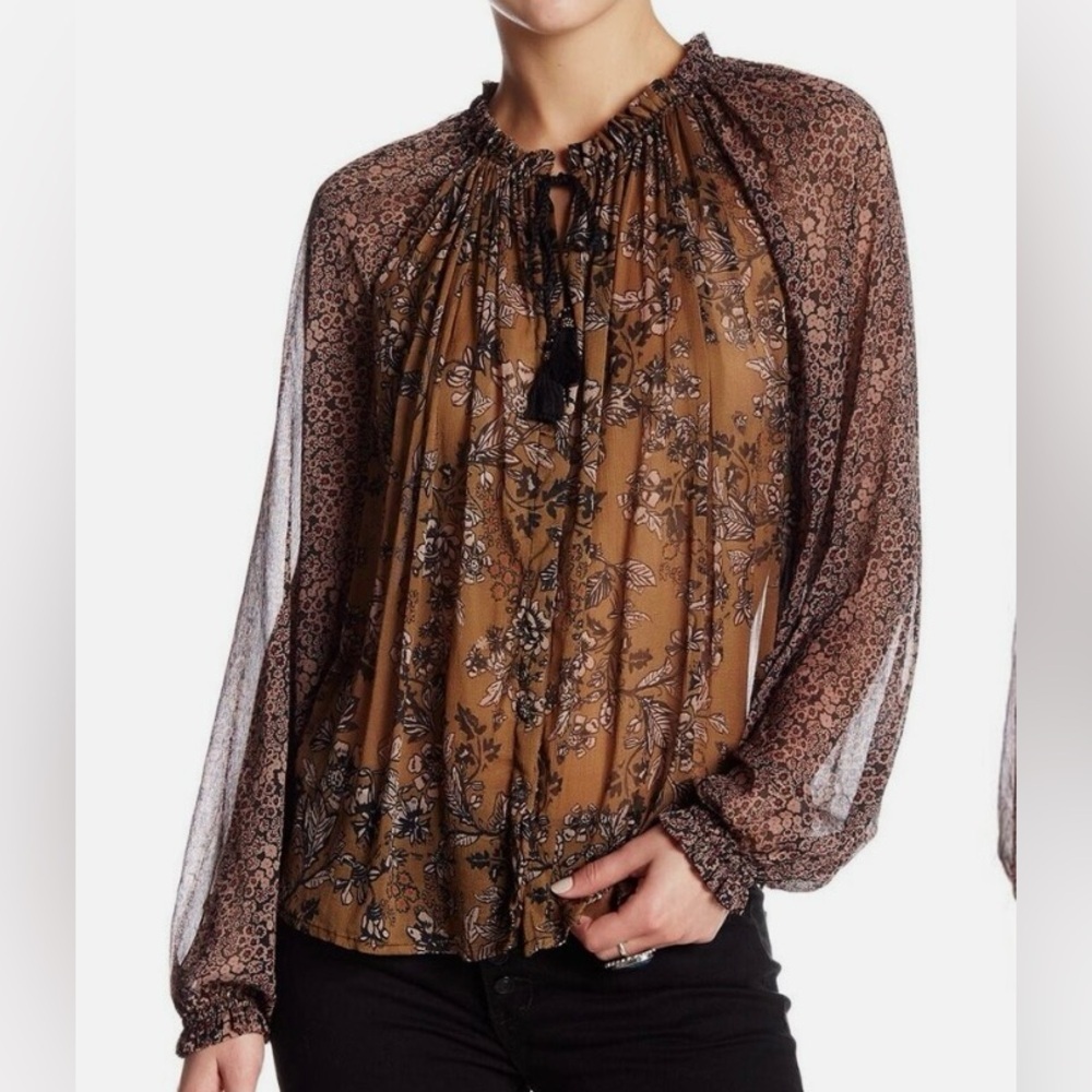 Free People Hendrix Floral Split Neck Tassel Ties Blouse Boho Tunic, Size XS